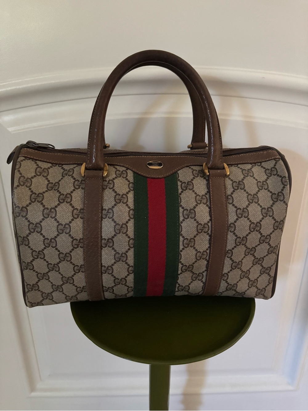 Gucci Beige/Brown GG Supreme and Leather Vintage Boston Bag
